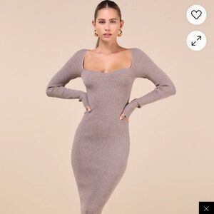 Fall Feelings Heather Light Brown Ribbed Bodycon Midi Dress NWT